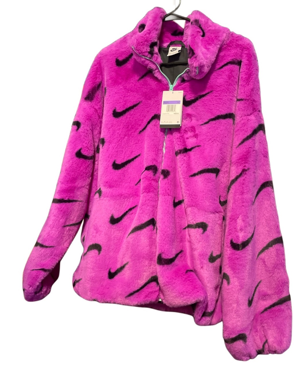 Nike Purple Fuzzy Faux Fur Jacket with Black Swoosh Print 3XL